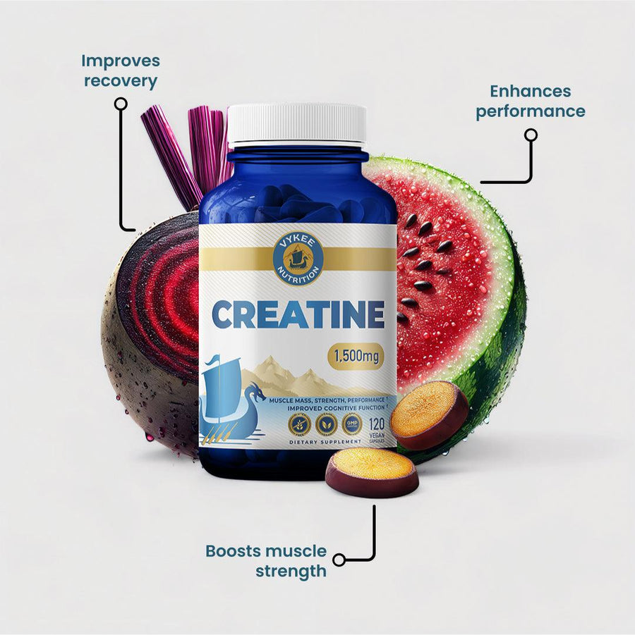 Creatine Capsules bottle photographed with real ingredient foods