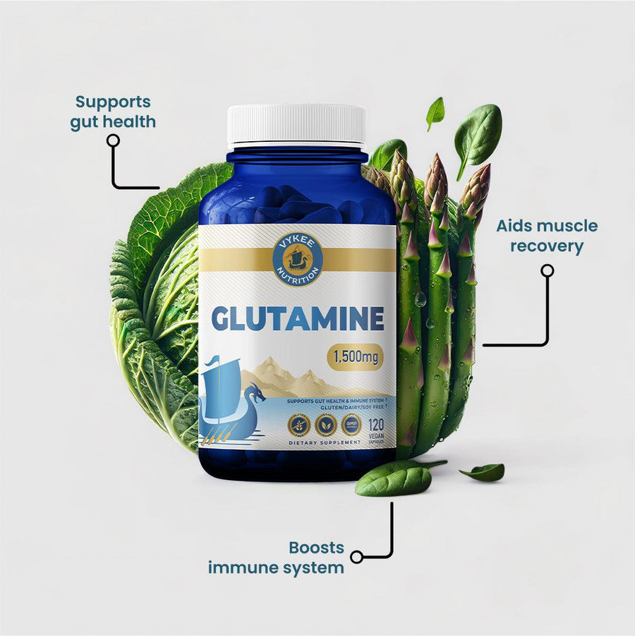 Glutamine Capsules bottle photographed with real ingredient foods