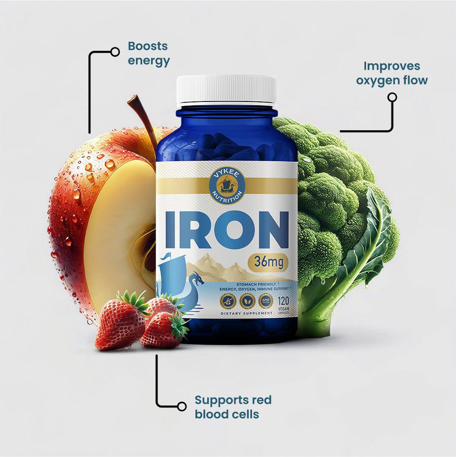 Iron Capsules bottle photographed with real ingredient foods