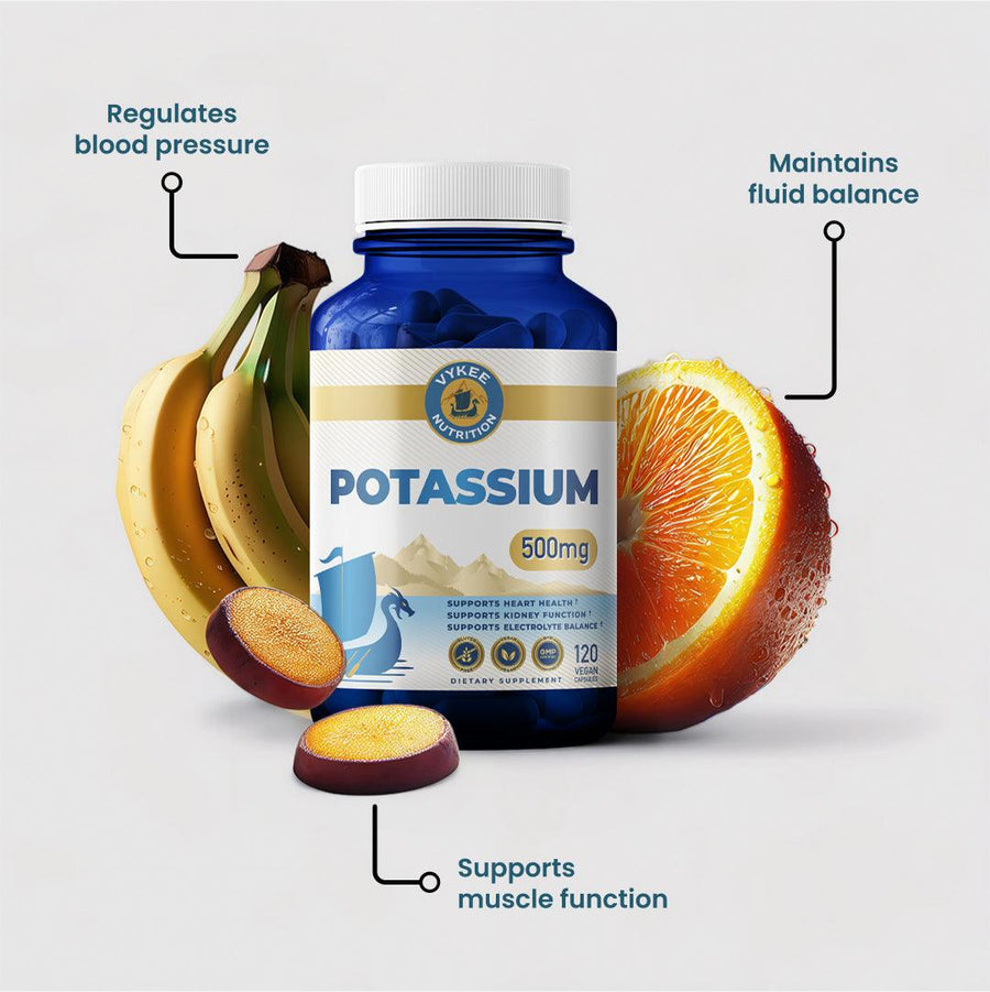 Potassium Capsules bottle photographed with the fresh foods its mineral occurs in